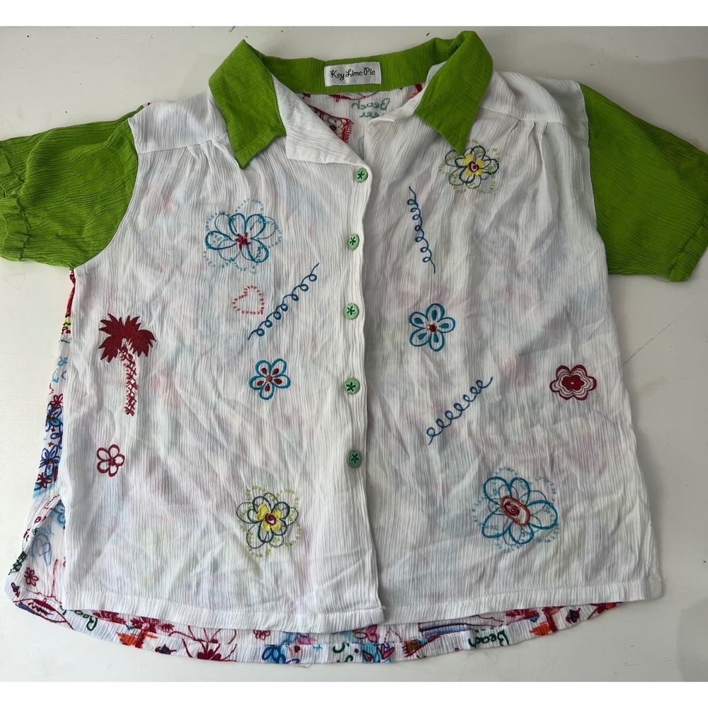 Key Lime Pie Beach Wearable Art Embroidered Crinkle Button Up Vacation Shirt